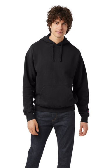 Champion CD450 Mens Garment Dyed Hooded Sweatshirt Hoodie Black Model Front