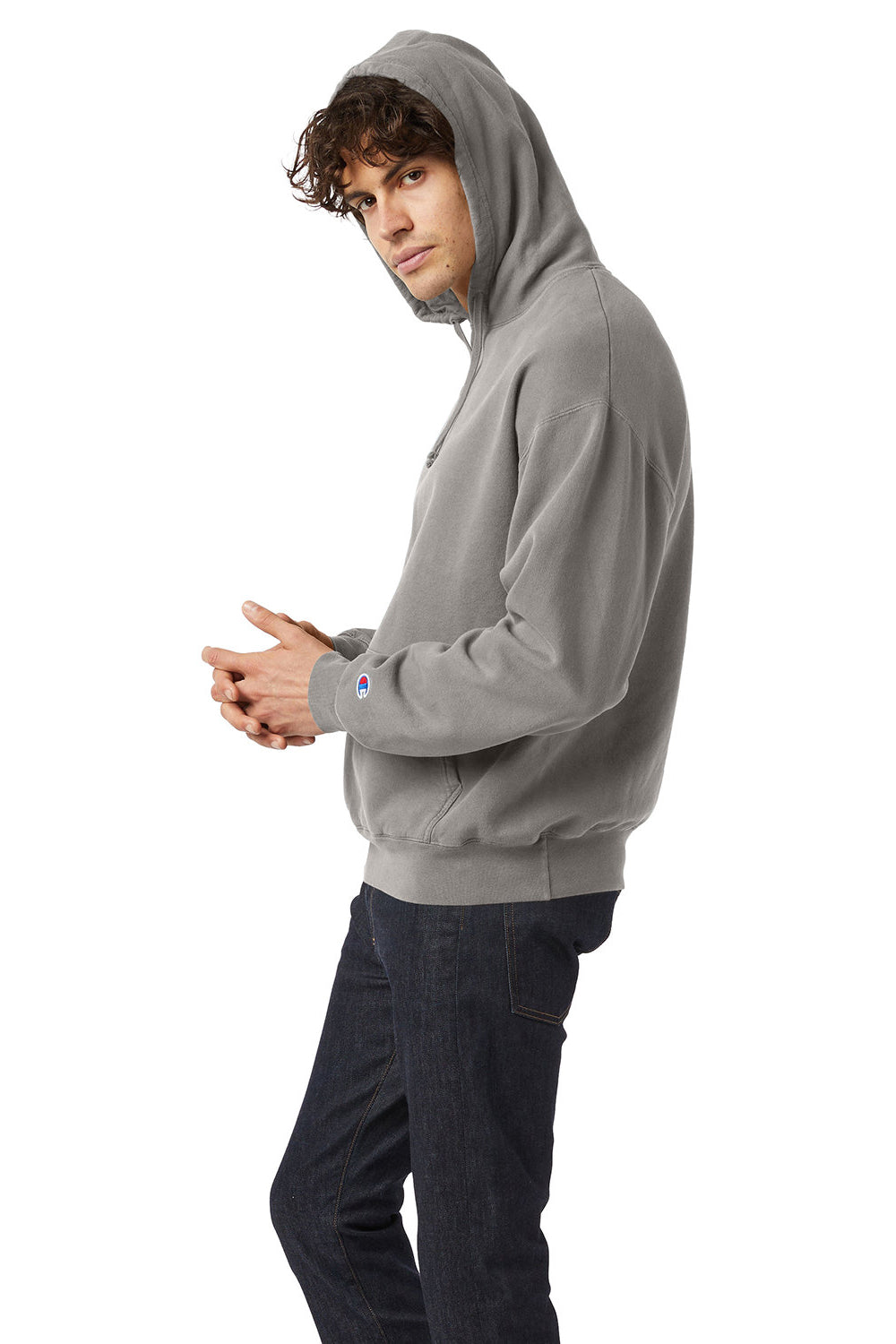Champion CD450 Mens Garment Dyed Hooded Sweatshirt Hoodie Concrete Grey Model Side