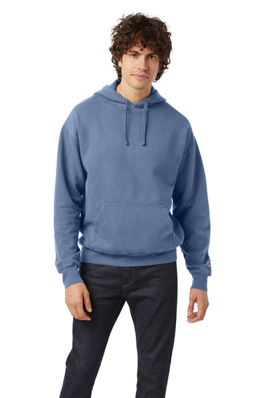 Champion CD450 Mens Garment Dyed Hooded Sweatshirt Hoodie Saltwater Blue Model Front