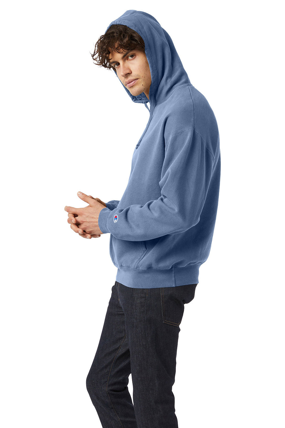 Champion CD450 Mens Garment Dyed Hooded Sweatshirt Hoodie Saltwater Blue Model Side