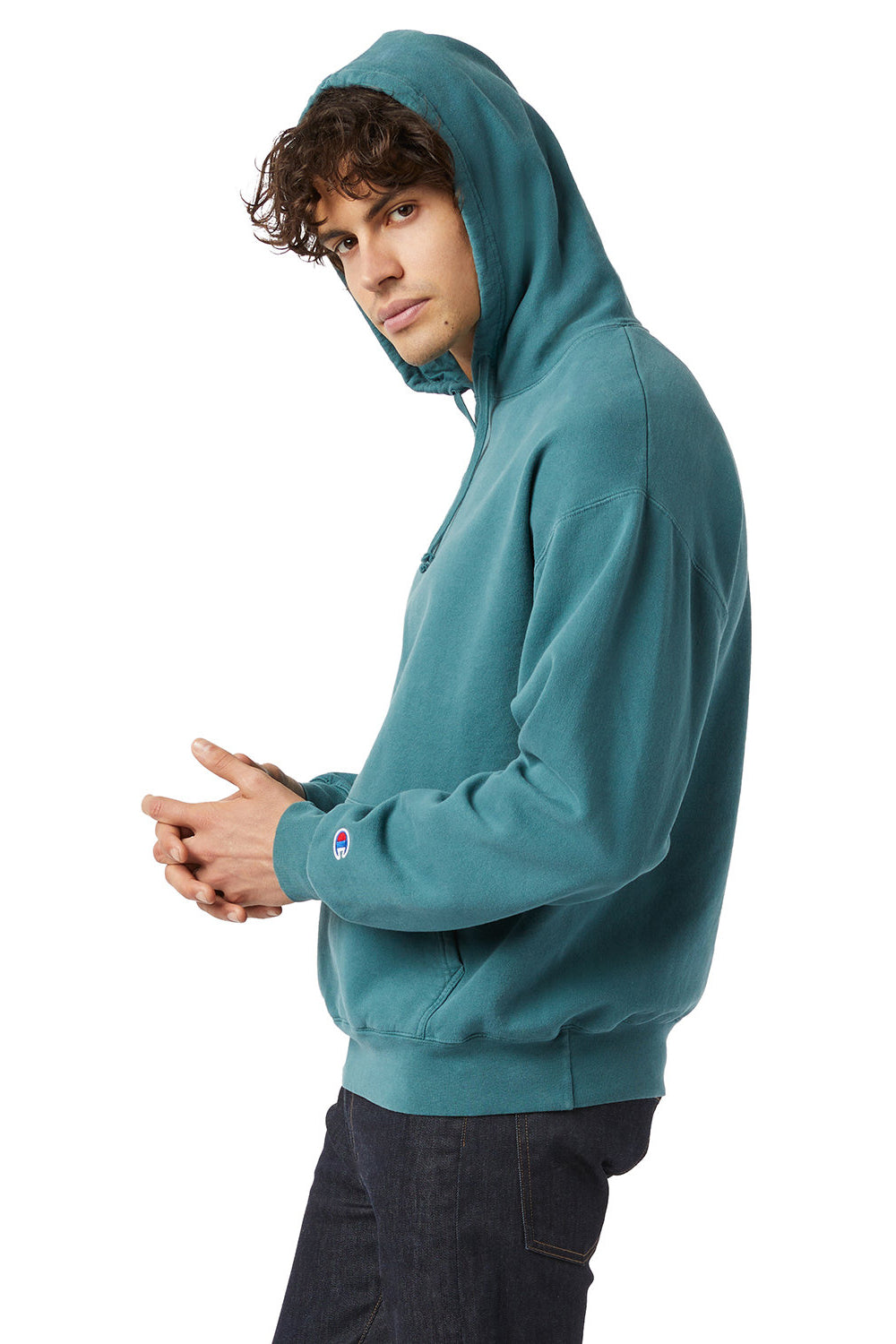 Champion CD450 Mens Garment Dyed Hooded Sweatshirt Hoodie Cactus Green Model Side