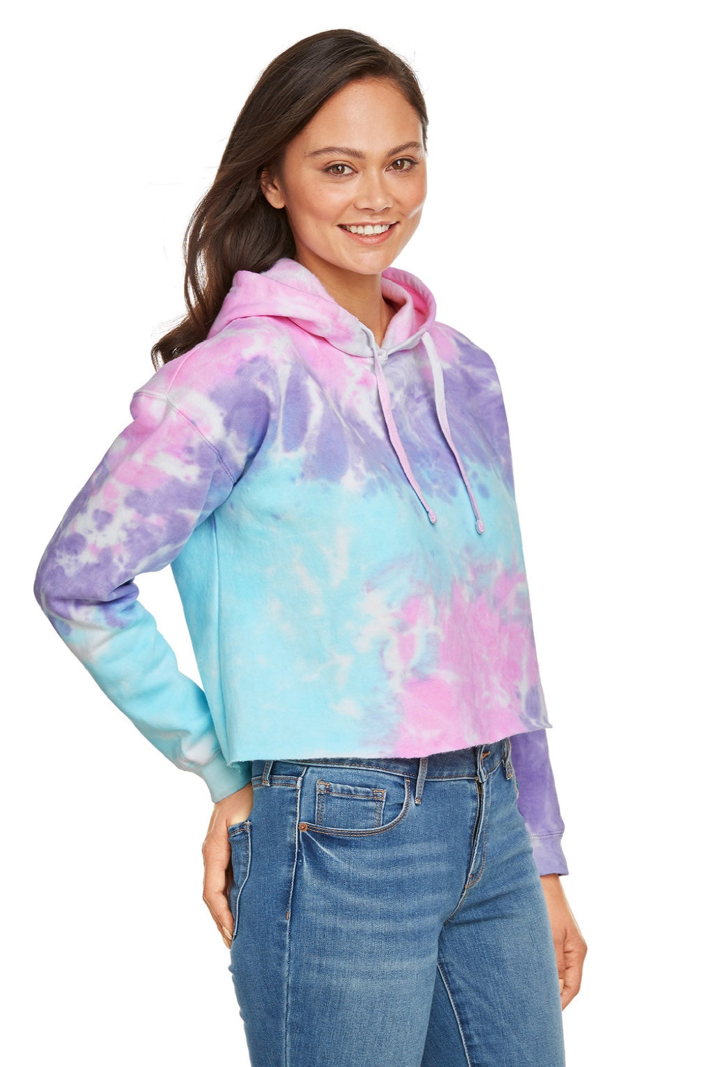 Colortone 8333 Womens Cropped Hooded Sweatshirt Hoodie Cotton Candy Model Side