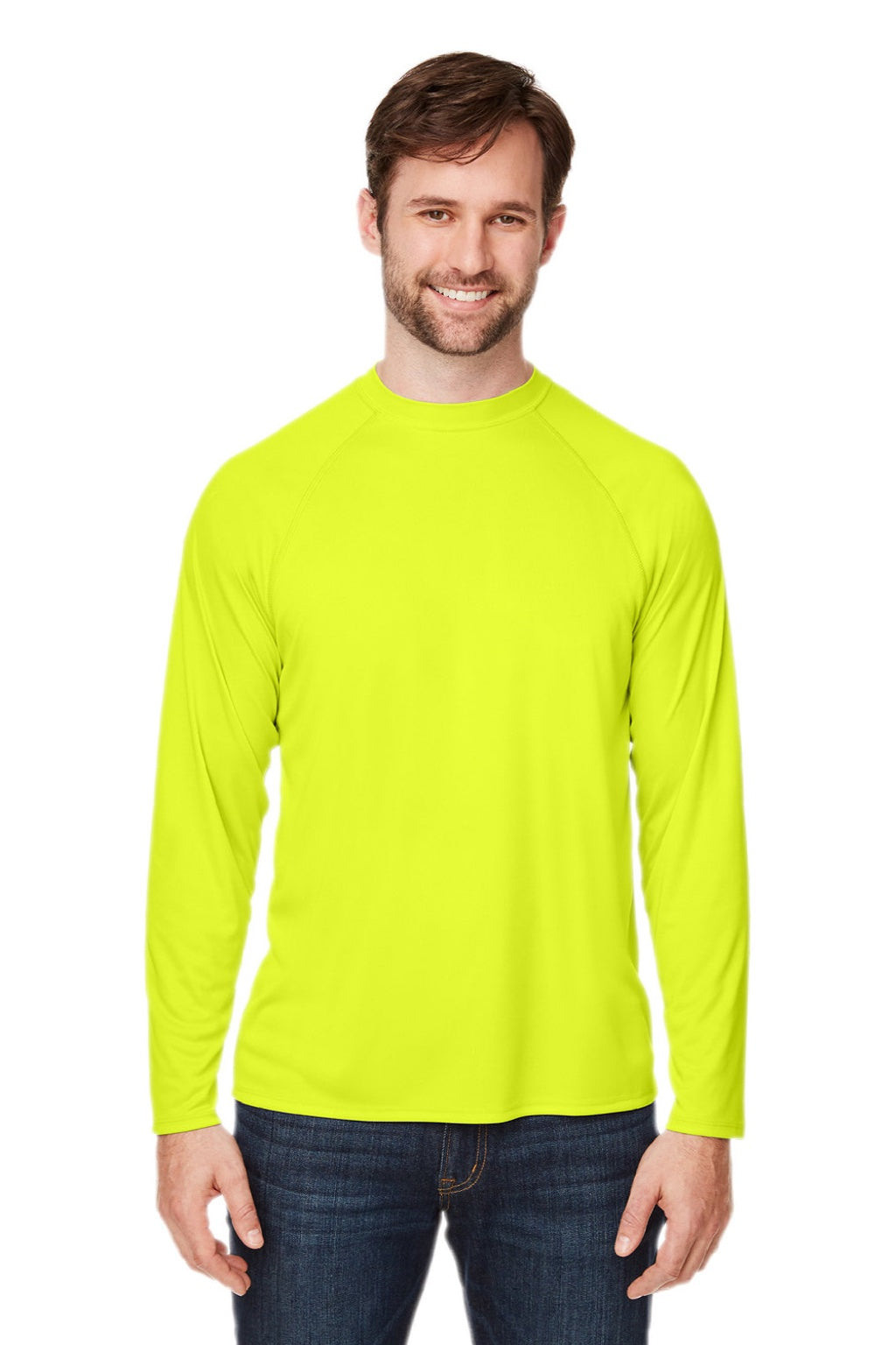 Core 365 CE110 Mens Ultra MVP Moisture Wicking Long Sleeve Crewneck T-Shirt Safety Yellow Model Front