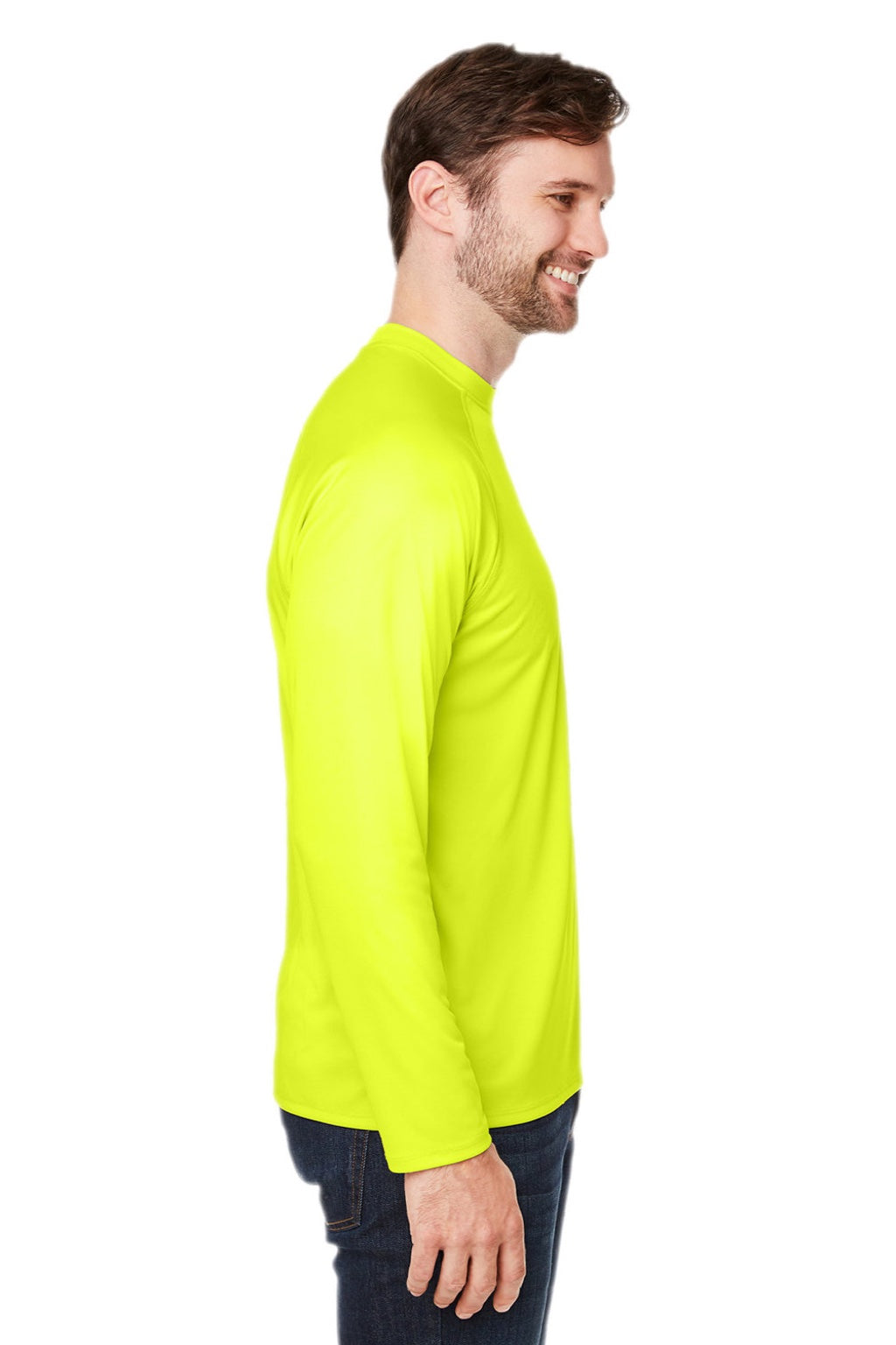 Core 365 CE110 Mens Ultra MVP Moisture Wicking Long Sleeve Crewneck T-Shirt Safety Yellow Model Side
