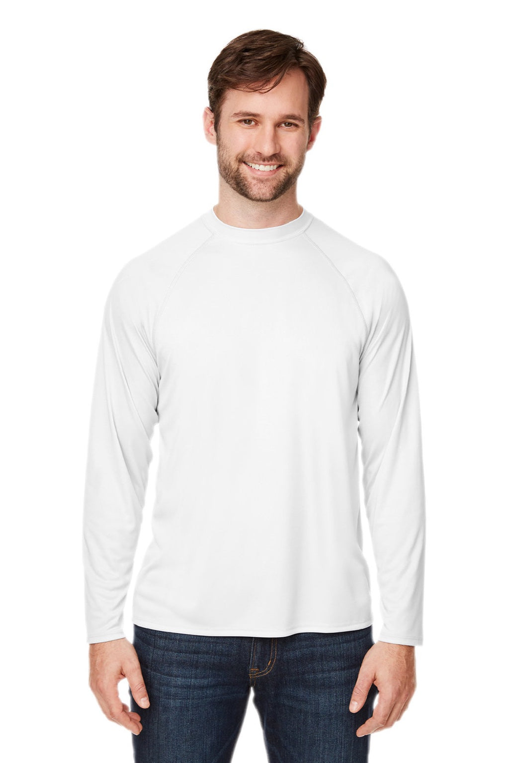 Core 365 CE110 Mens Ultra MVP Moisture Wicking Long Sleeve Crewneck T-Shirt White Model Front