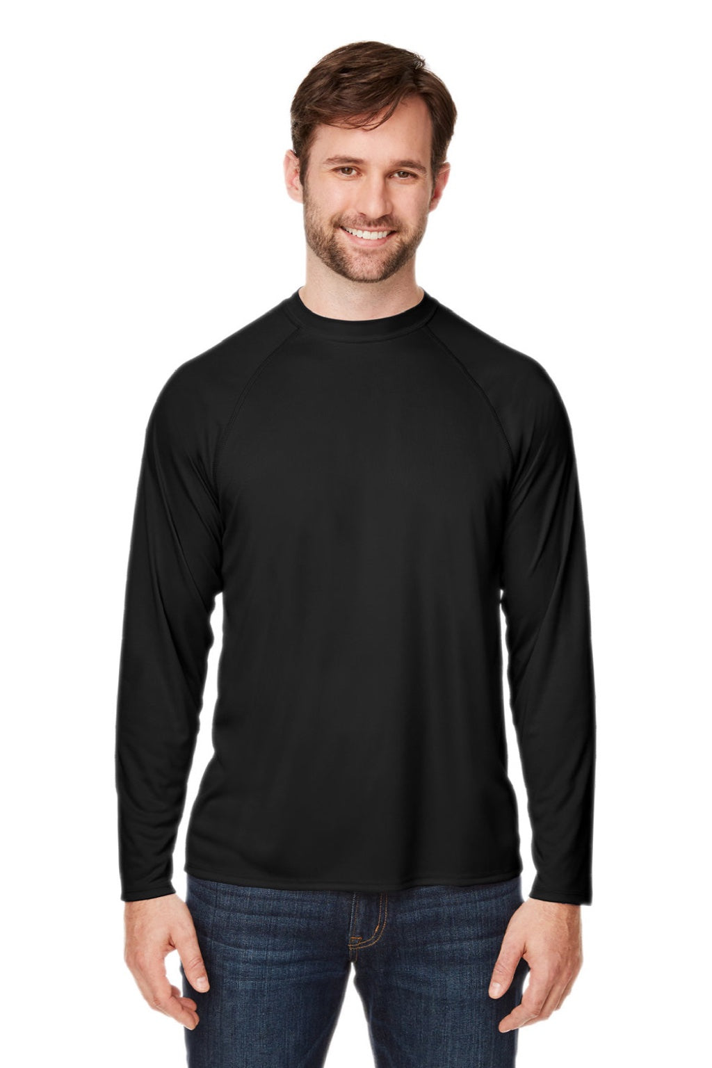 Core 365 CE110 Mens Ultra MVP Moisture Wicking Long Sleeve Crewneck T-Shirt Black Model Front