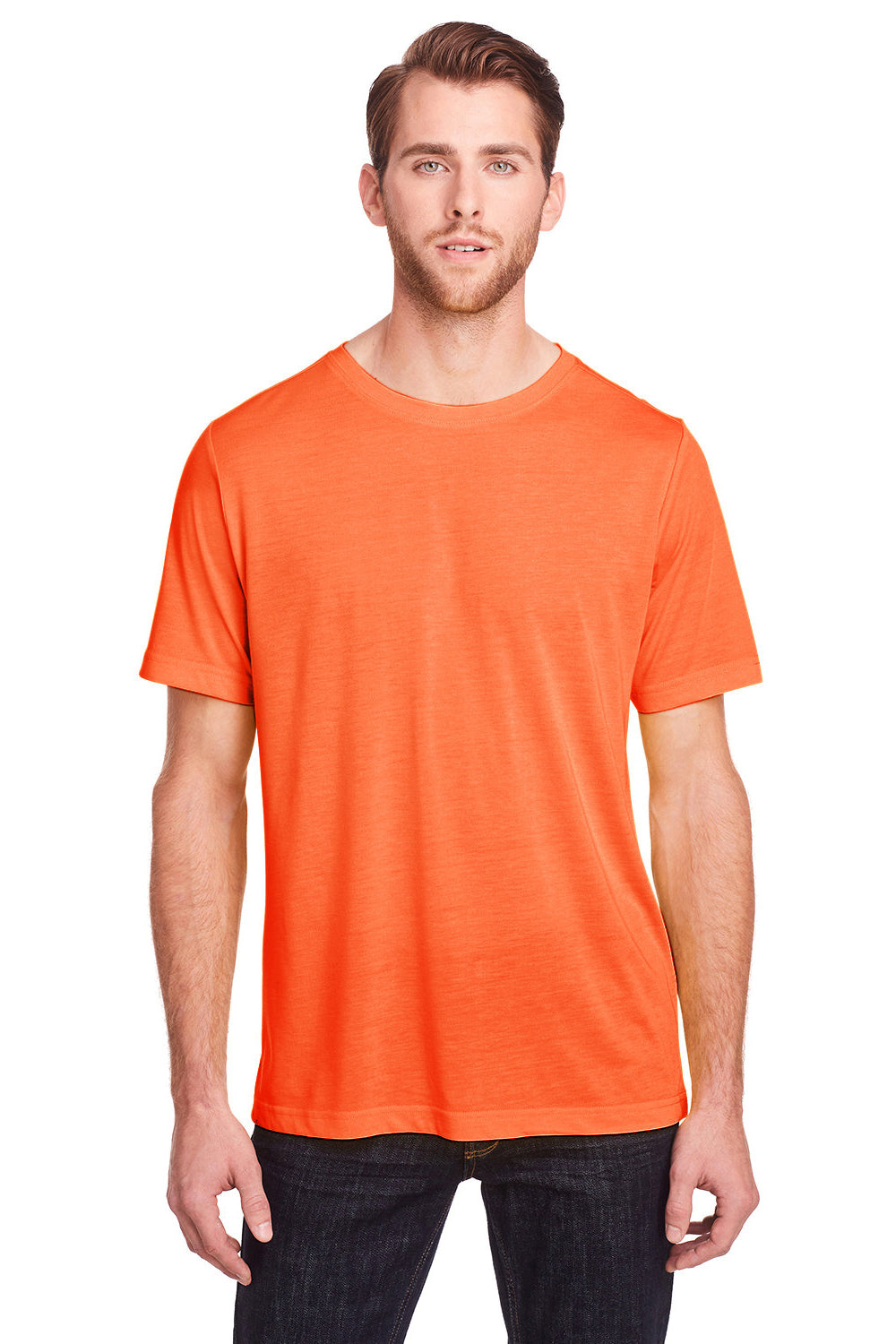 Core 365 CE111 Mens Fusion ChromaSoft Performance Moisture Wicking Short Sleeve Crewneck T-Shirt Campus Orange Model Front