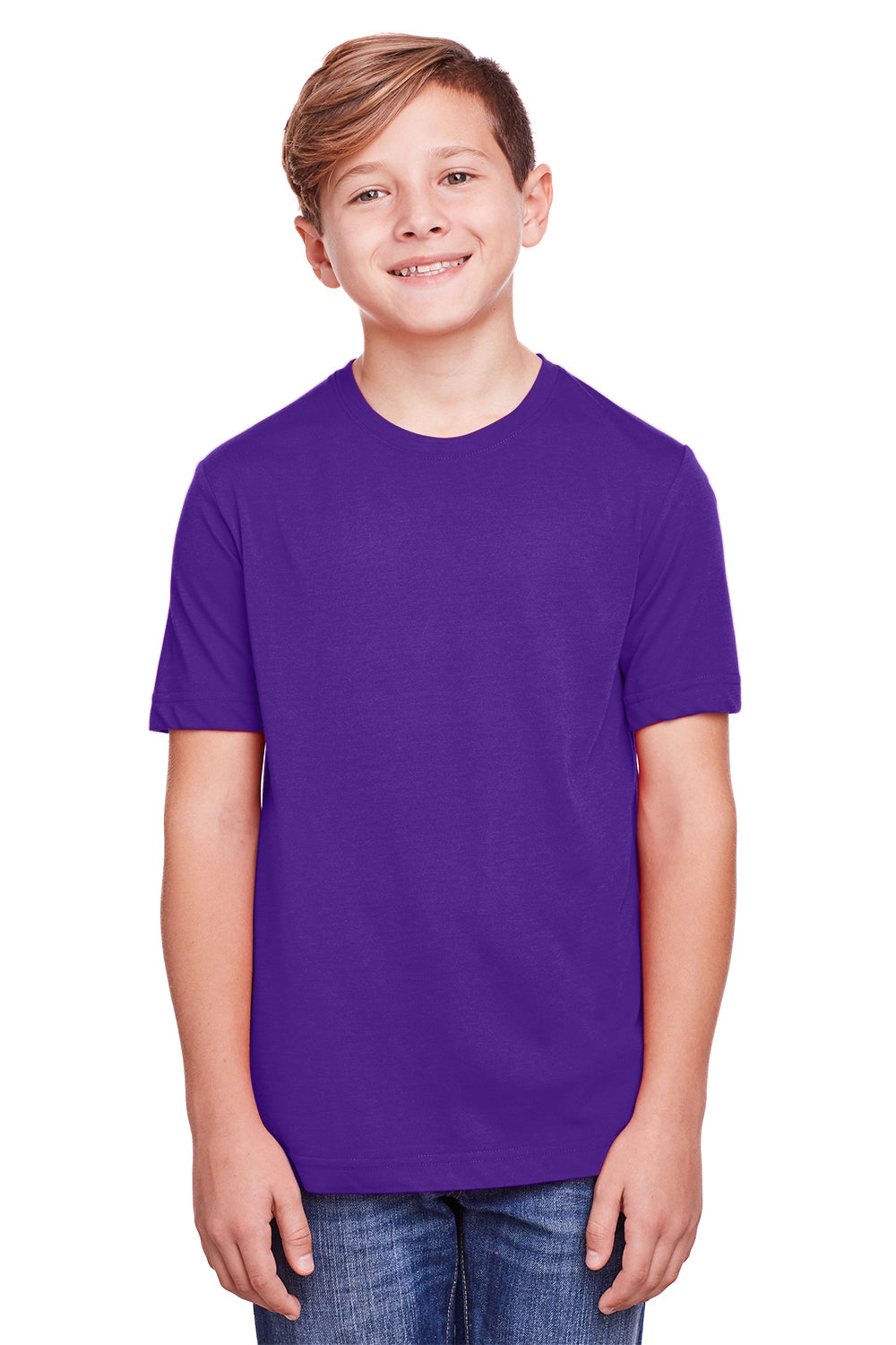Core 365 CE111Y Youth Fusion ChromaSoft Performance Moisture Wicking Short Sleeve Crewneck T-Shirt Campus Purple Model Front