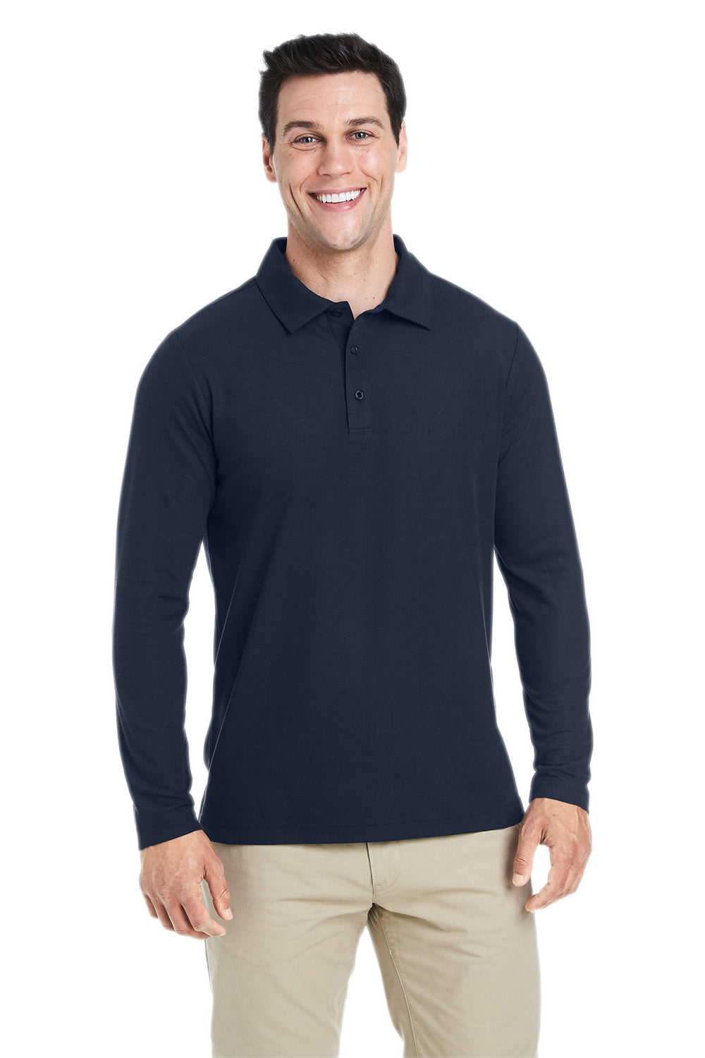 Core 365 CE112L Mens Fusion ChromaSoft Performance Moisture Wicking Long Sleeve Polo Shirt Classic Navy Blue Model Front