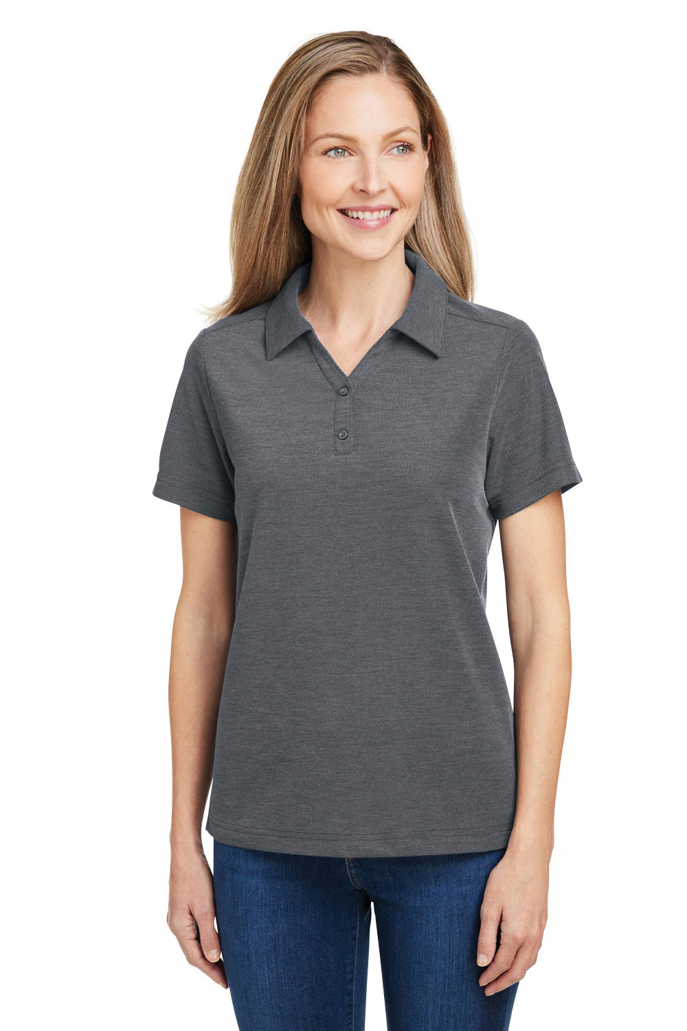 Core 365 CE112W Womens Fusion ChromaSoft Performance Moisture Wicking Pique Short Sleeve Polo Shirt Heather Carbon Grey Model Front