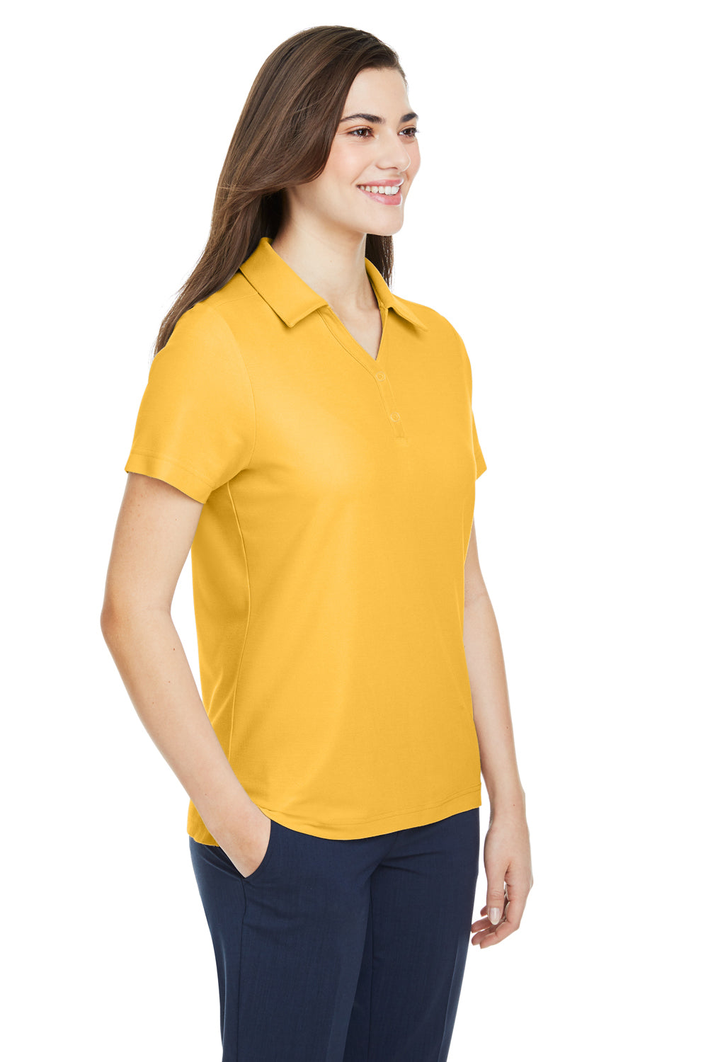 Core 365 CE112W Womens Fusion ChromaSoft Performance Moisture Wicking Pique Short Sleeve Polo Shirt Campus Gold Model 3q