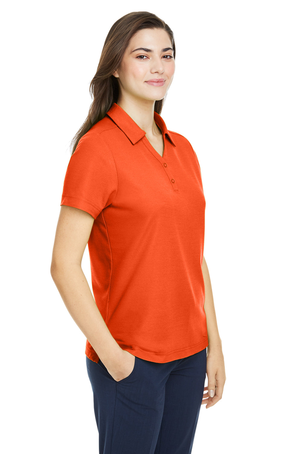 Core 365 CE112W Womens Fusion ChromaSoft Performance Moisture Wicking Pique Short Sleeve Polo Shirt Campus Orange Model 3q