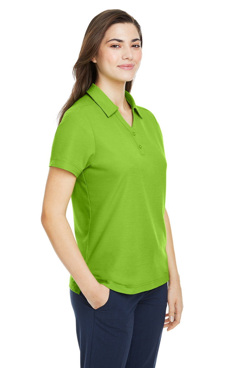 Core 365 CE112W Womens Fusion ChromaSoft Performance Moisture Wicking Pique Short Sleeve Polo Shirt Acid Green Model 3q