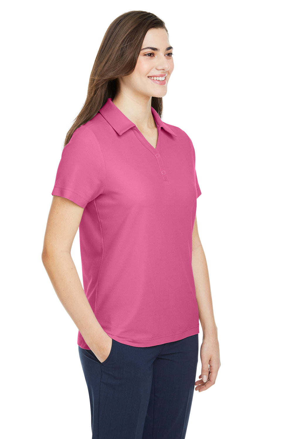 Core 365 CE112W Womens Fusion ChromaSoft Performance Moisture Wicking Pique Short Sleeve Polo Shirt Charity Pink Model 3q