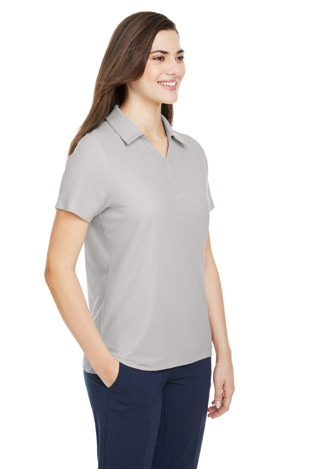 Core 365 CE112W Womens Fusion ChromaSoft Performance Moisture Wicking Pique Short Sleeve Polo Shirt Platinum Grey Model Side