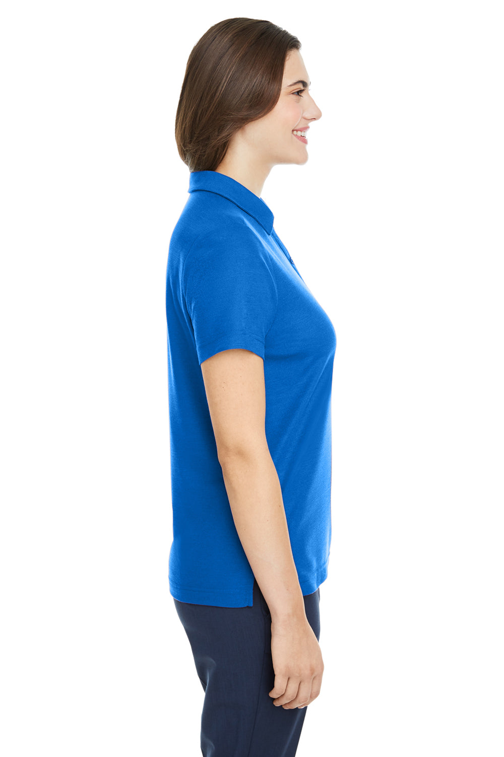 Core 365 CE112W Womens Fusion ChromaSoft Performance Moisture Wicking Pique Short Sleeve Polo Shirt True Royal Blue Model Side