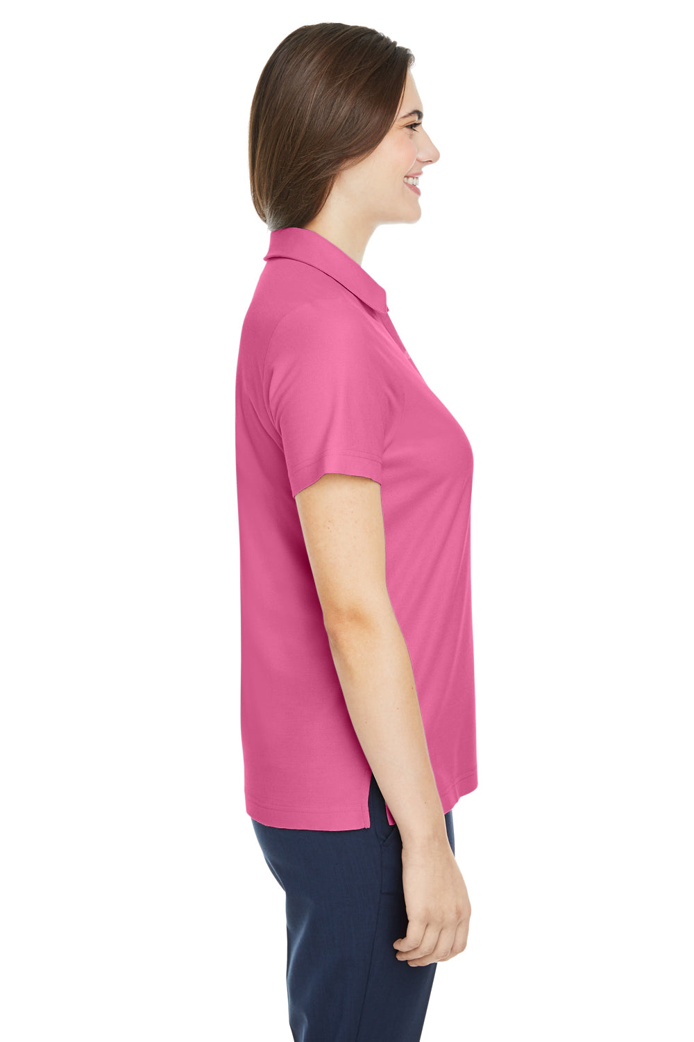 Core 365 CE112W Womens Fusion ChromaSoft Performance Moisture Wicking Pique Short Sleeve Polo Shirt Charity Pink Model Side