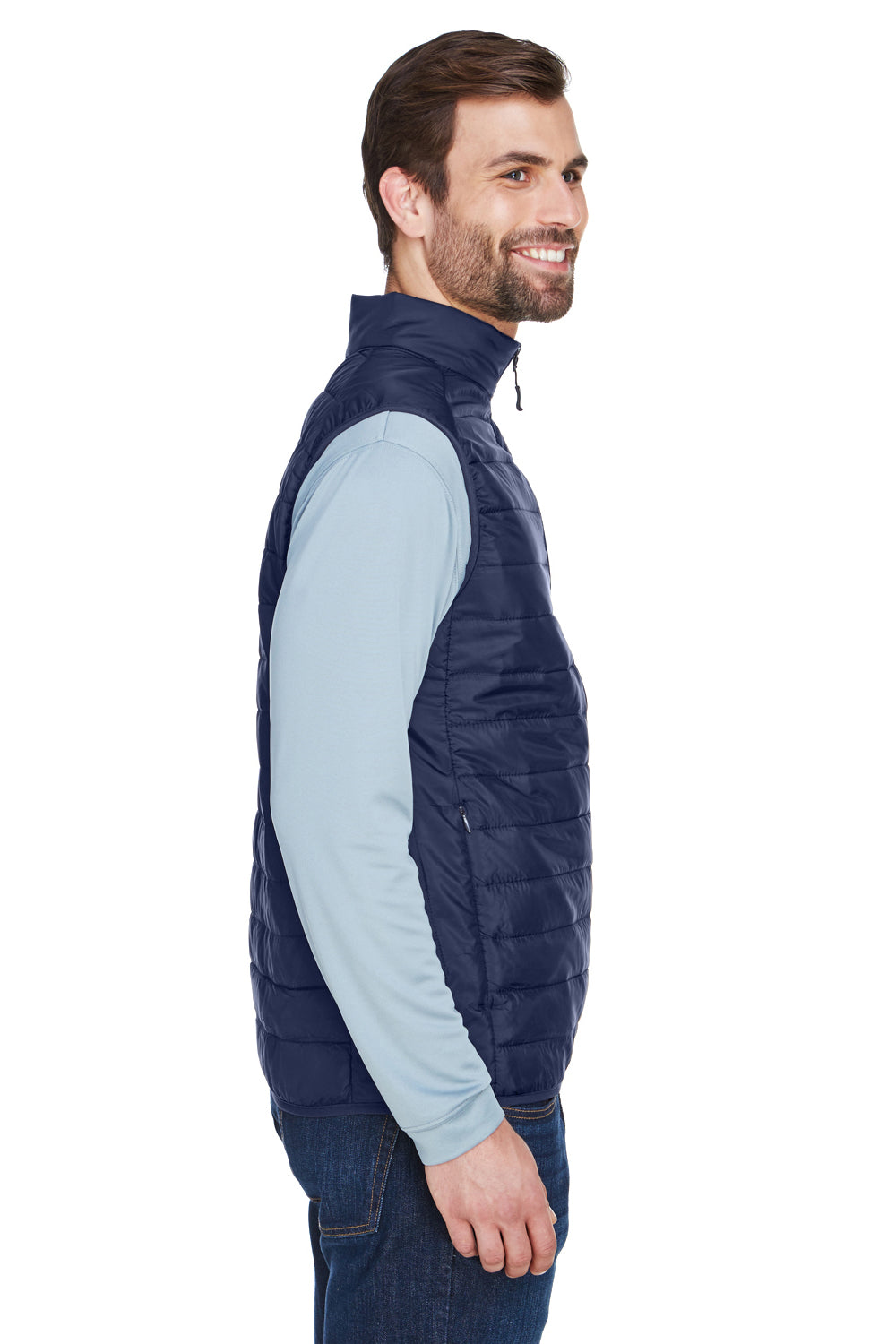 Core 365 CE702 Mens Prevail Packable Puffer Water Resistant Full Zip Vest Classic Navy Blue Model Side