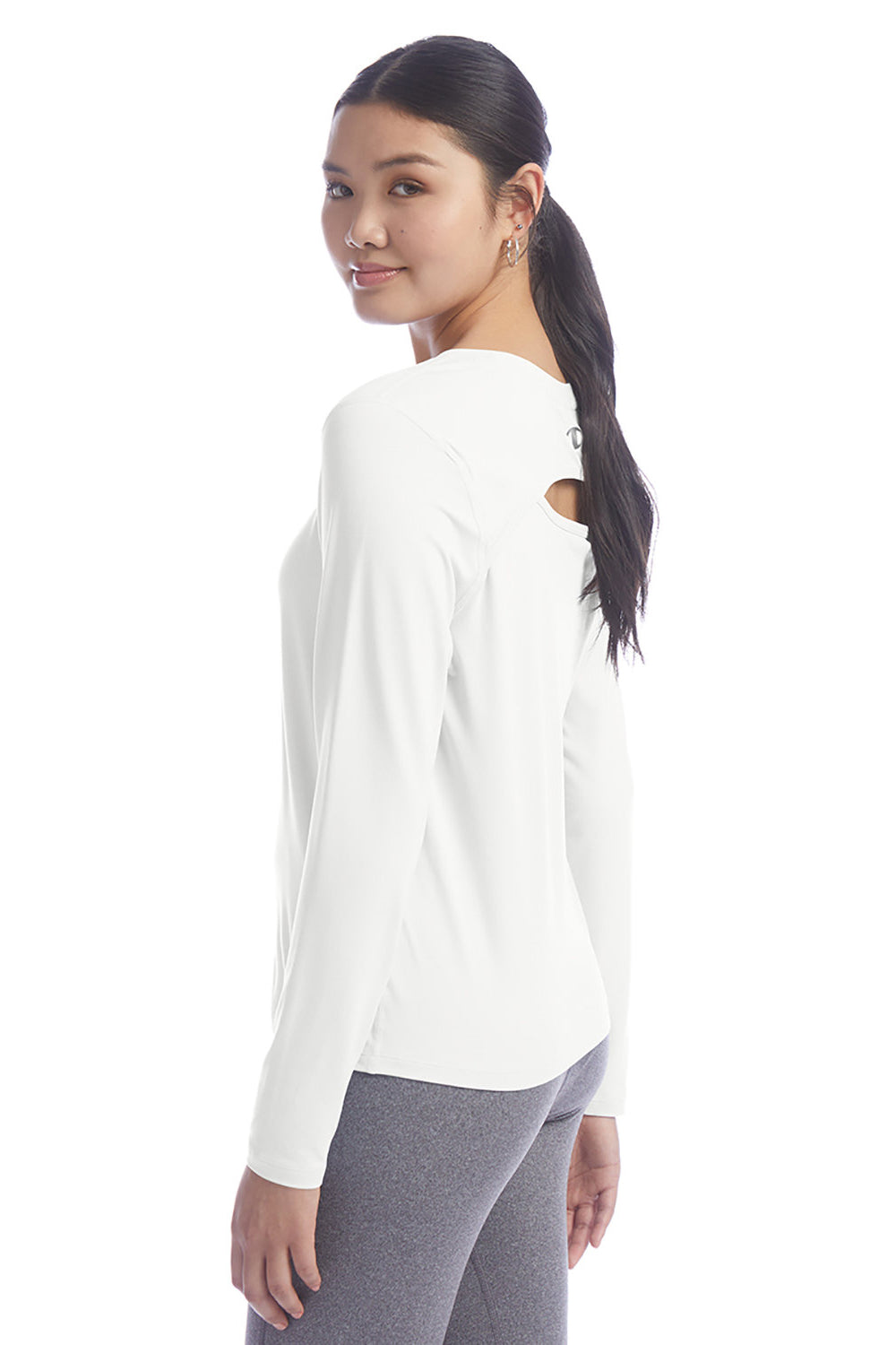 Champion CHP140 Womens Sport Soft Touch Long Sleeve Crewneck T-Shirt White Model 3q