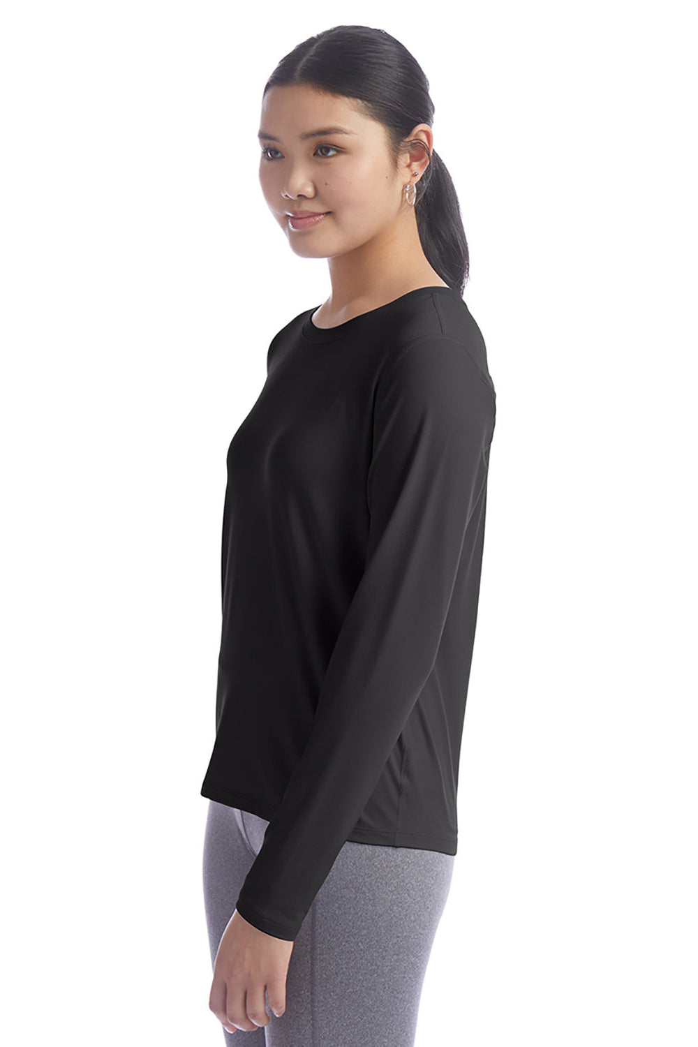 Champion CHP140 Womens Sport Soft Touch Long Sleeve Crewneck T-Shirt Black Model Side