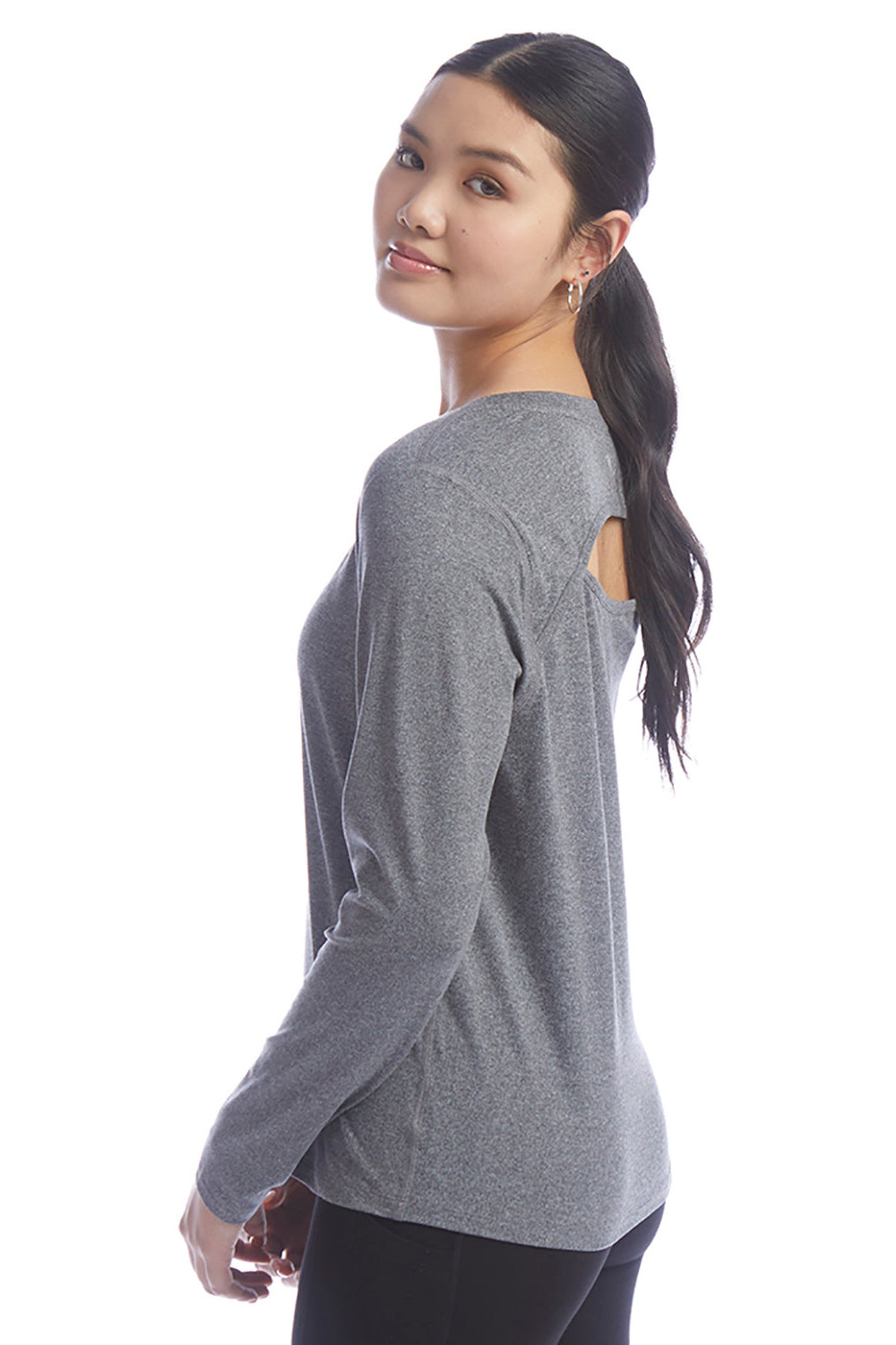 Champion CHP140 Womens Sport Soft Touch Long Sleeve Crewneck T-Shirt Heather Grey Model Side
