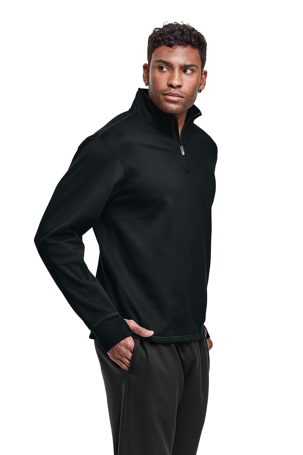 Champion CHP190 Mens Sport 1/4 Zip Sweatshirt Black Model Side
