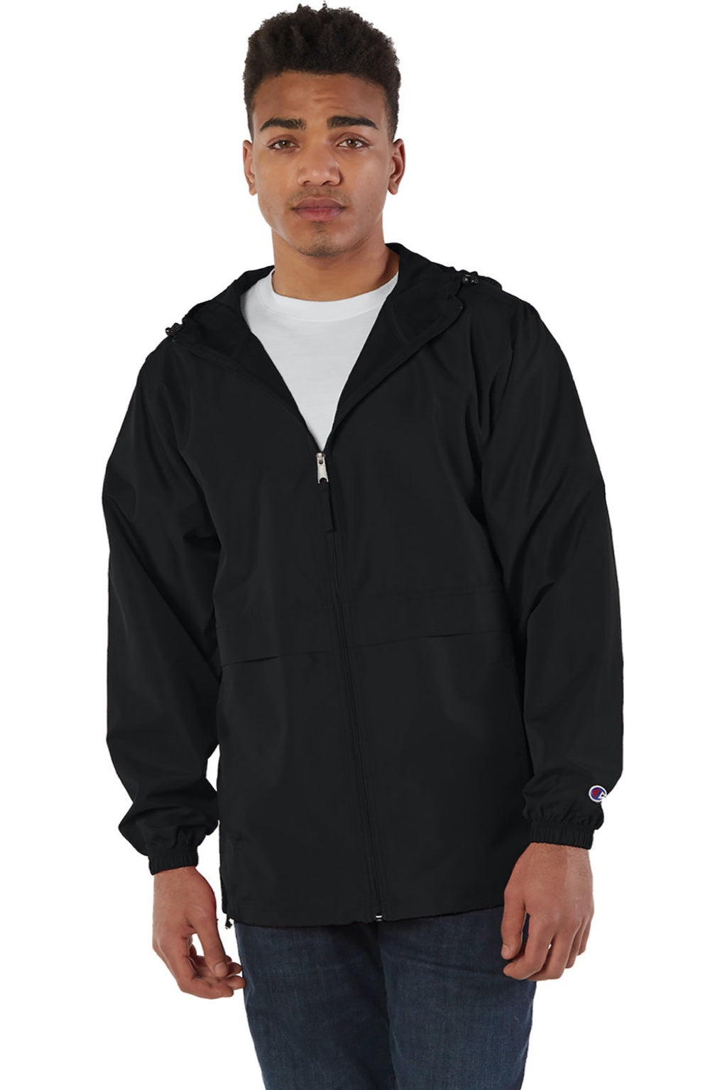 Champion CO125 Mens Wind & Water Resistant Full Zip Hooded Anorak Jacket Black Model Front