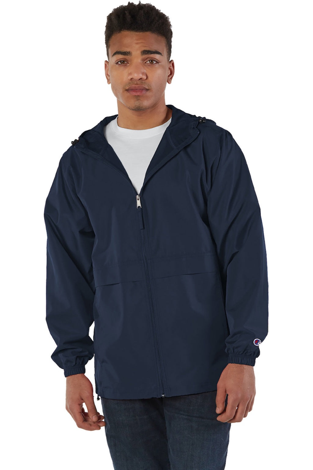 Champion CO125 Mens Wind & Water Resistant Full Zip Hooded Anorak Jacket Navy Blue Model Front