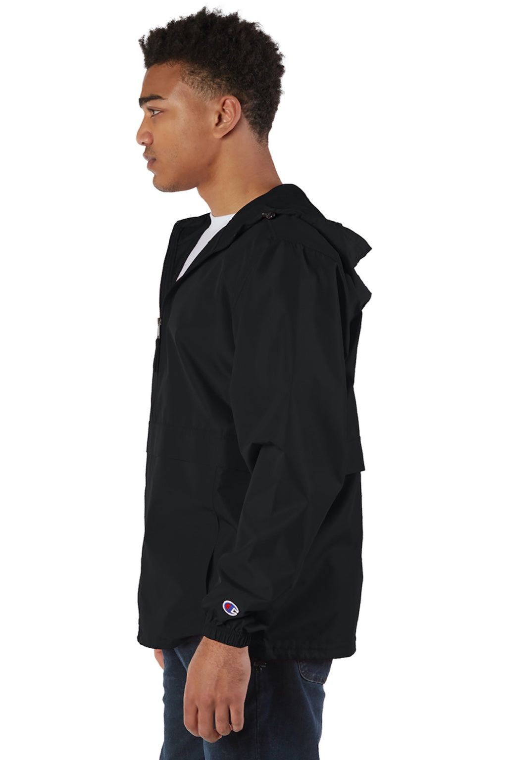 Champion CO125 Mens Wind & Water Resistant Full Zip Hooded Anorak Jacket Black Model Side