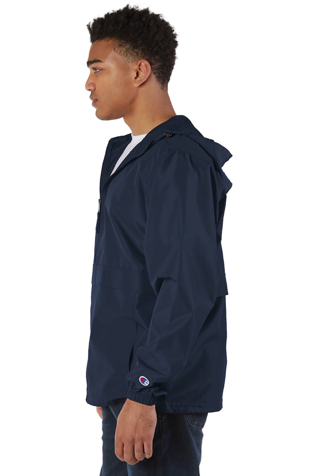 Champion CO125 Mens Wind & Water Resistant Full Zip Hooded Anorak Jacket Navy Blue Model Side