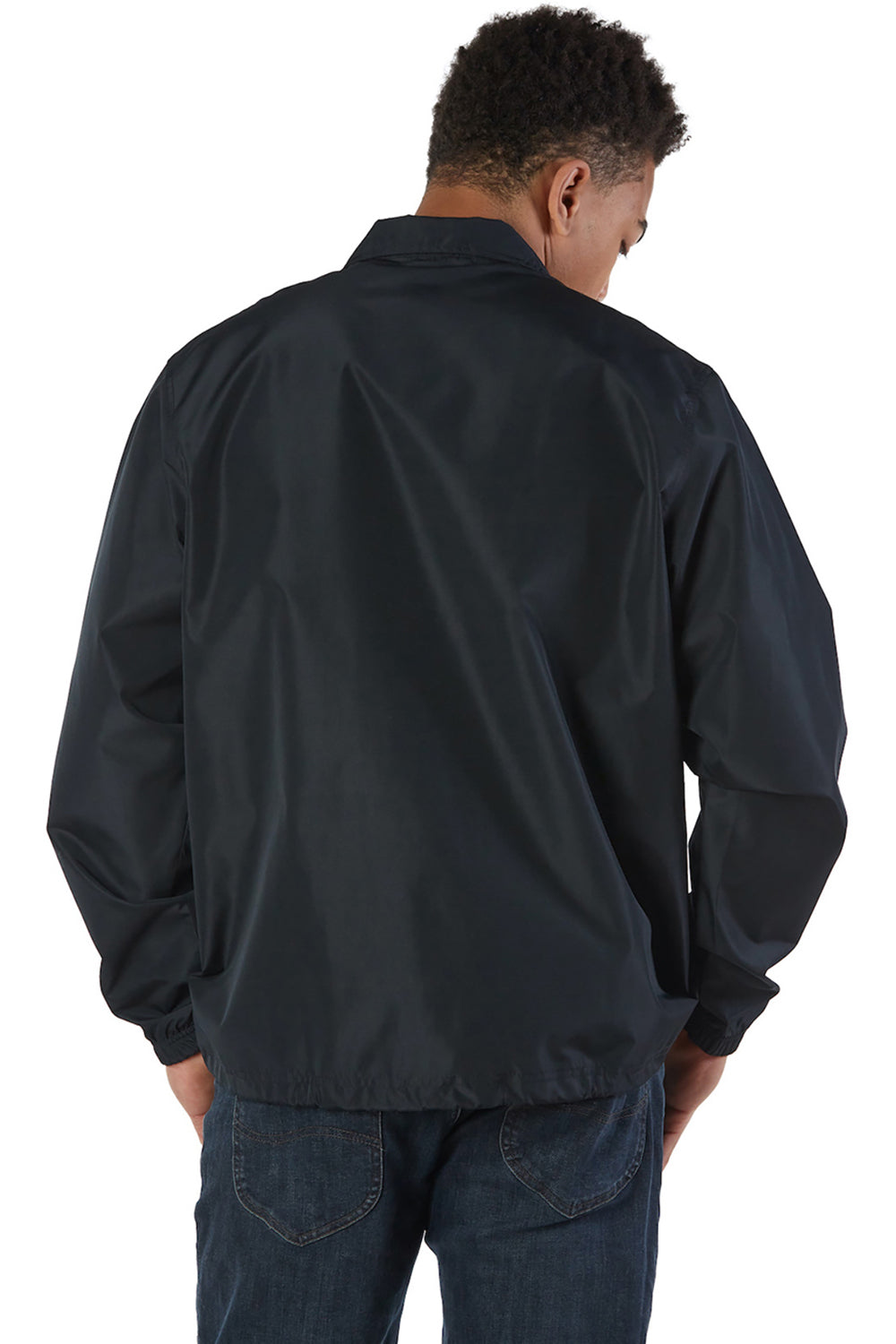 Champion CO126 Mens Wind & Water Resistant Snap Down Coach's Jacket Black Model Back