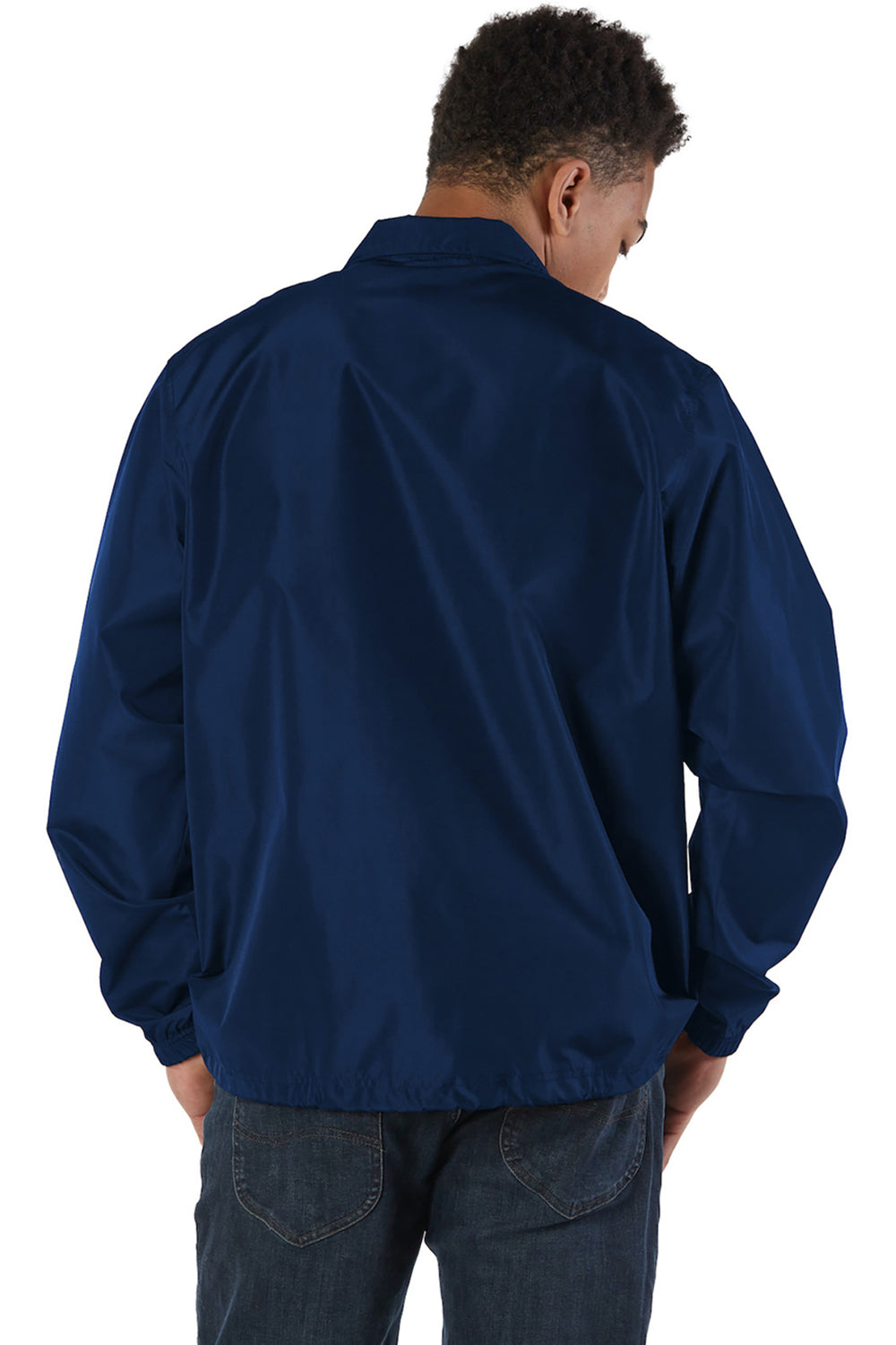 Champion CO126 Mens Wind & Water Resistant Snap Down Coach's Jacket Navy Blue Model Back