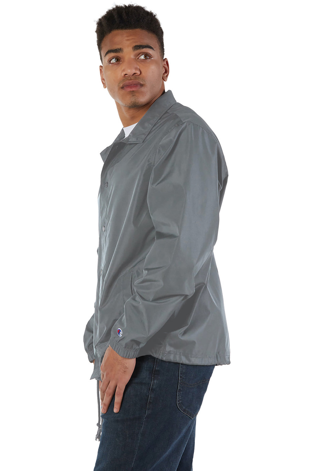 Champion CO126 Mens Wind & Water Resistant Snap Down Coach's Jacket Graphite Grey Model Side