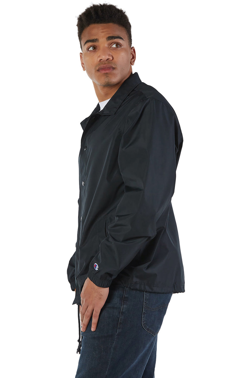 Champion CO126 Mens Wind & Water Resistant Snap Down Coach's Jacket Black Model Side