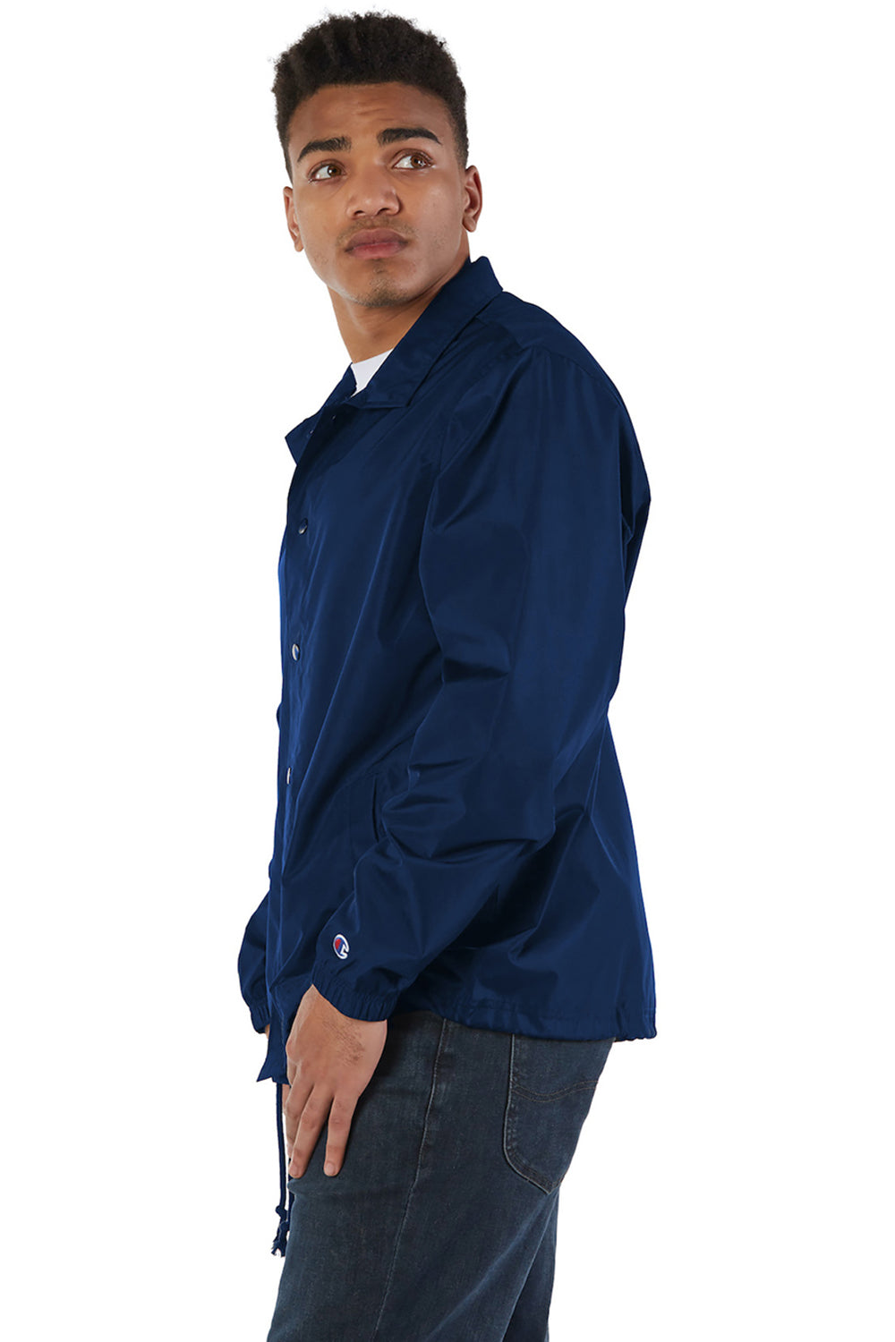 Champion CO126 Mens Wind & Water Resistant Snap Down Coach's Jacket Navy Blue Model Side