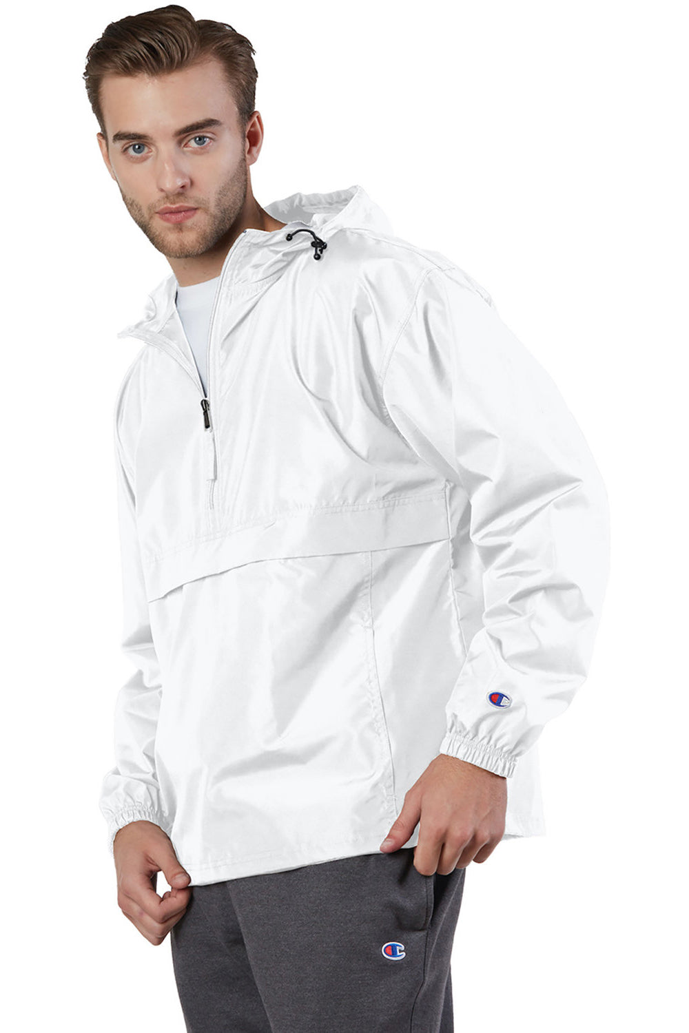 Champion CO200 Mens Packable Wind & Water Resistant Anorak 1/4 Zip Hooded Jacket White Model 3q