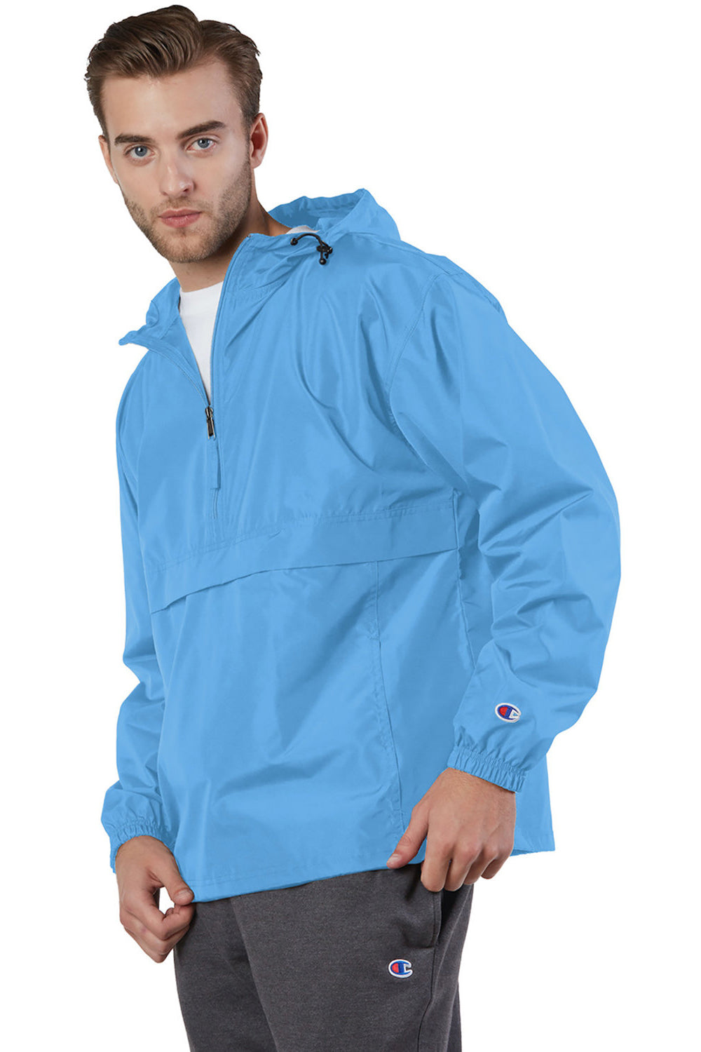Champion CO200 Mens Packable Wind & Water Resistant Anorak 1/4 Zip Hooded Jacket Light Blue Model 3q