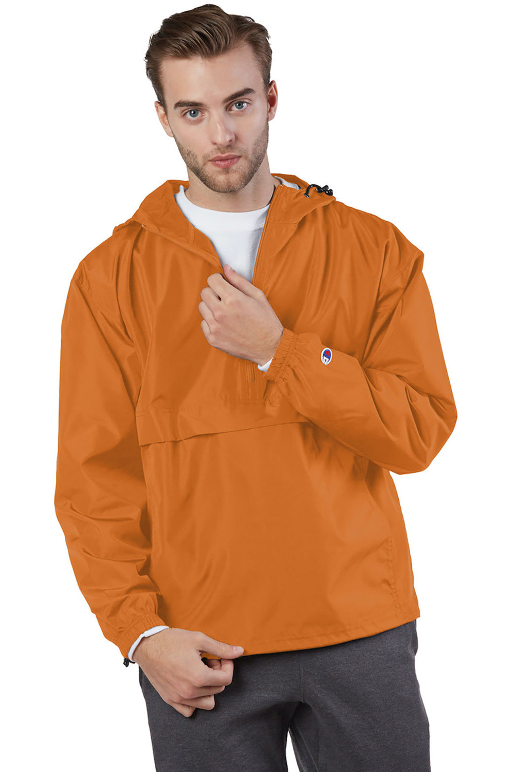 Champion CO200 Mens Packable Wind & Water Resistant Anorak 1/4 Zip Hooded Jacket Orange Model Front