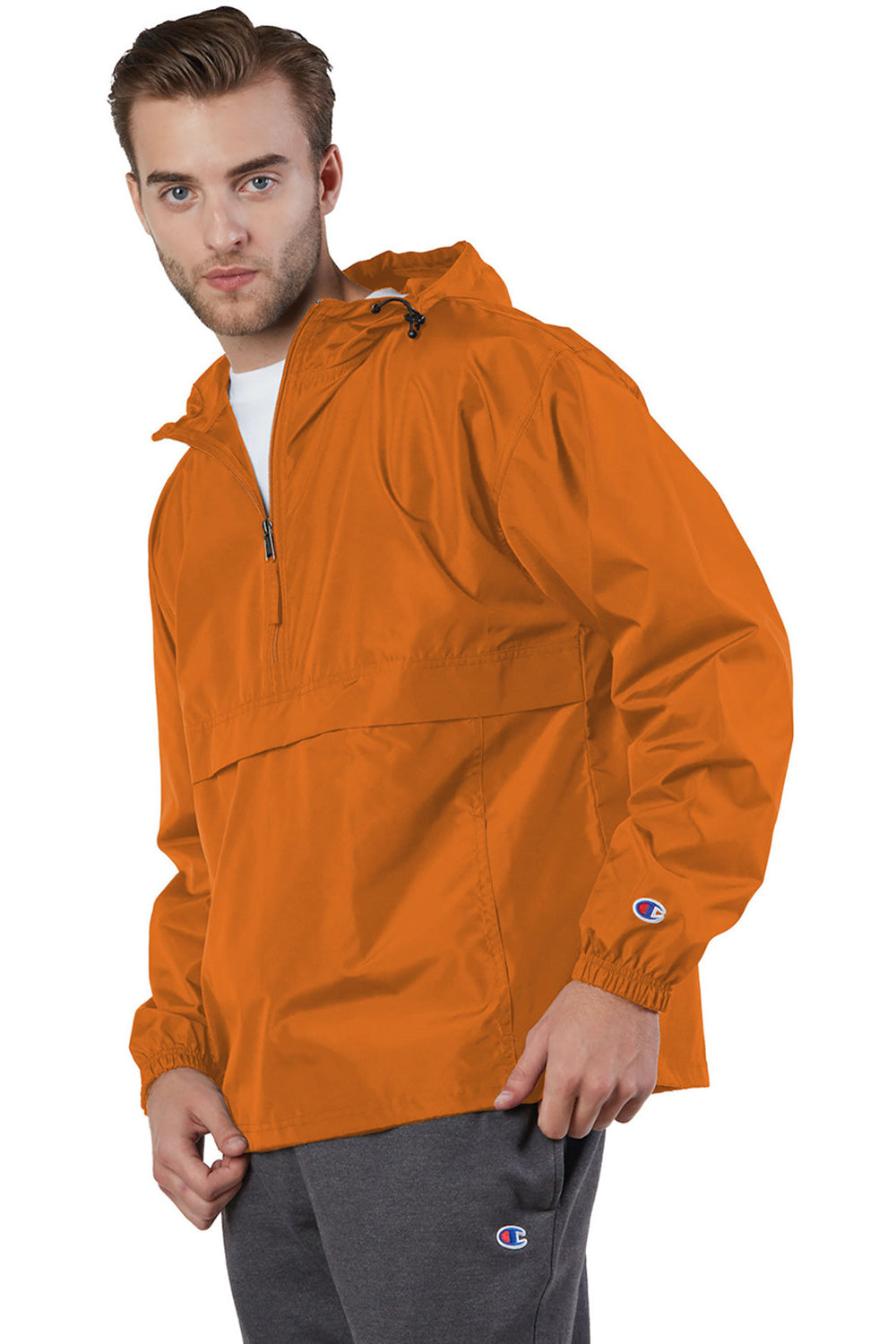 Champion CO200 Mens Packable Wind & Water Resistant Anorak 1/4 Zip Hooded Jacket Orange Model 3q