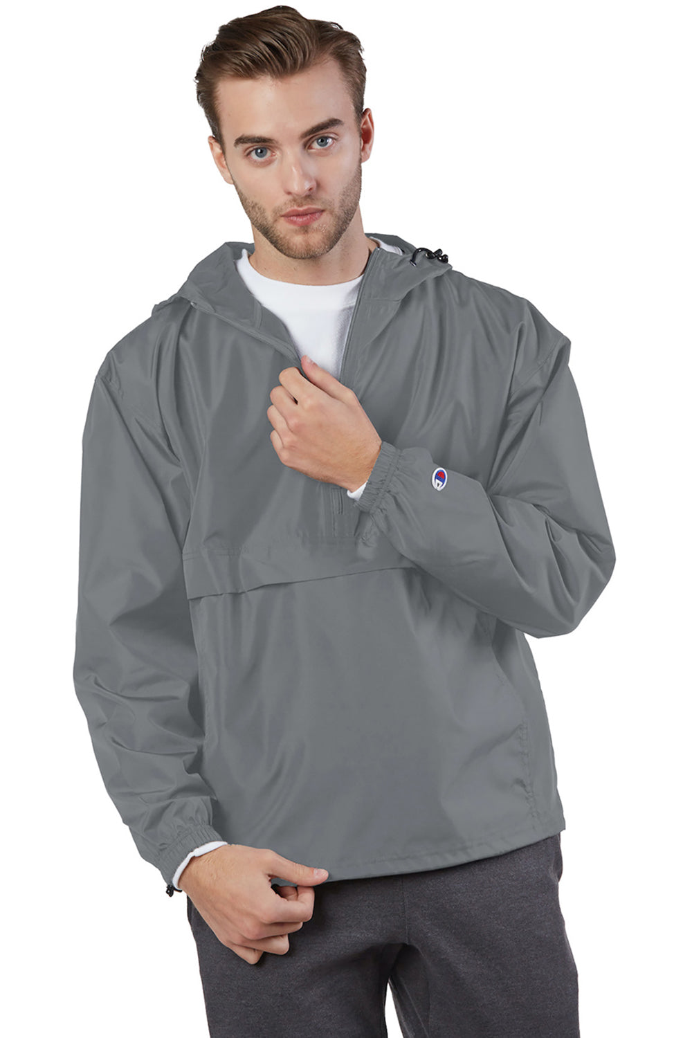 Champion CO200 Mens Packable Wind & Water Resistant Anorak 1/4 Zip Hooded Jacket Graphite Grey Model Front