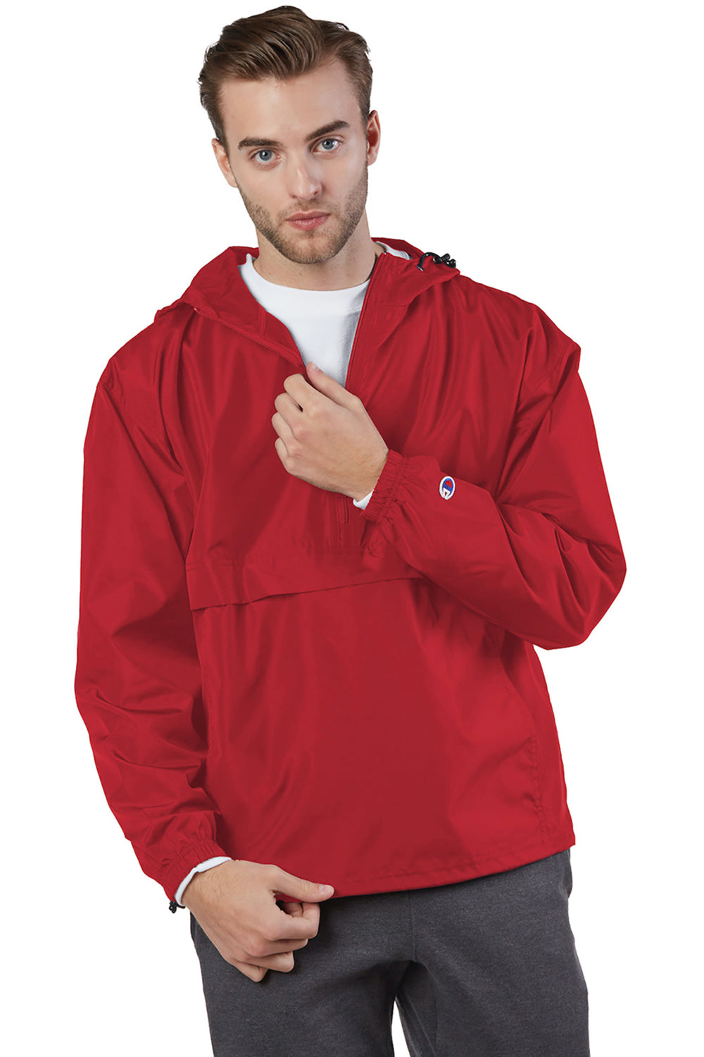 Champion CO200 Mens Packable Wind & Water Resistant Anorak 1/4 Zip Hooded Jacket Scarlet Red Model Front
