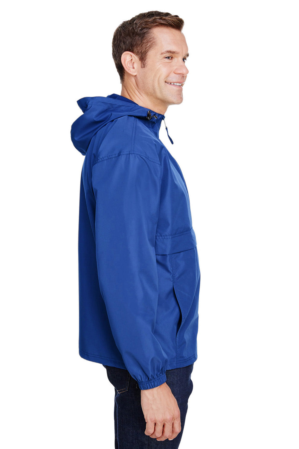 Champion CO200 Mens Packable Wind & Water Resistant Anorak 1/4 Zip Hooded Jacket Athletic Royal Blue Model Side