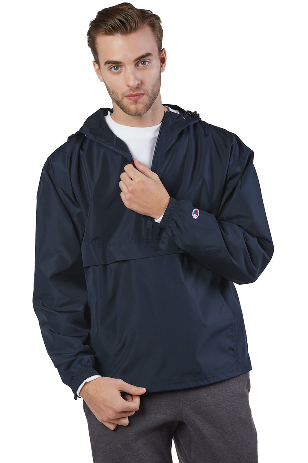 Champion CO200 Mens Packable Wind & Water Resistant Anorak 1/4 Zip Hooded Jacket Navy Blue Model Front
