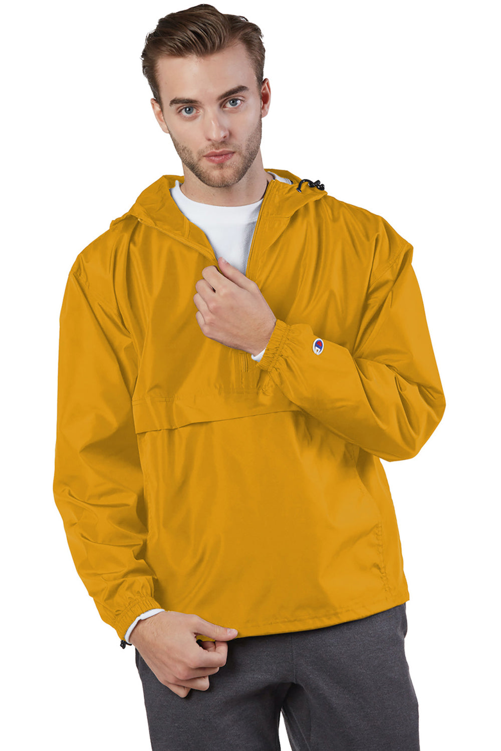Champion CO200 Mens Packable Wind & Water Resistant Anorak 1/4 Zip Hooded Jacket Gold Model Front