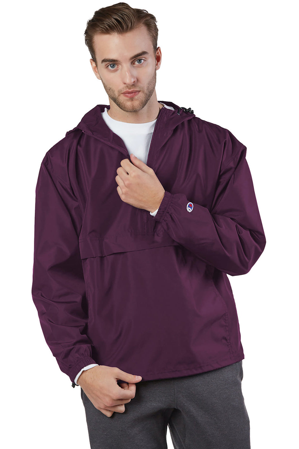 Champion CO200 Mens Packable Wind & Water Resistant Anorak 1/4 Zip Hooded Jacket Maroon Model Front