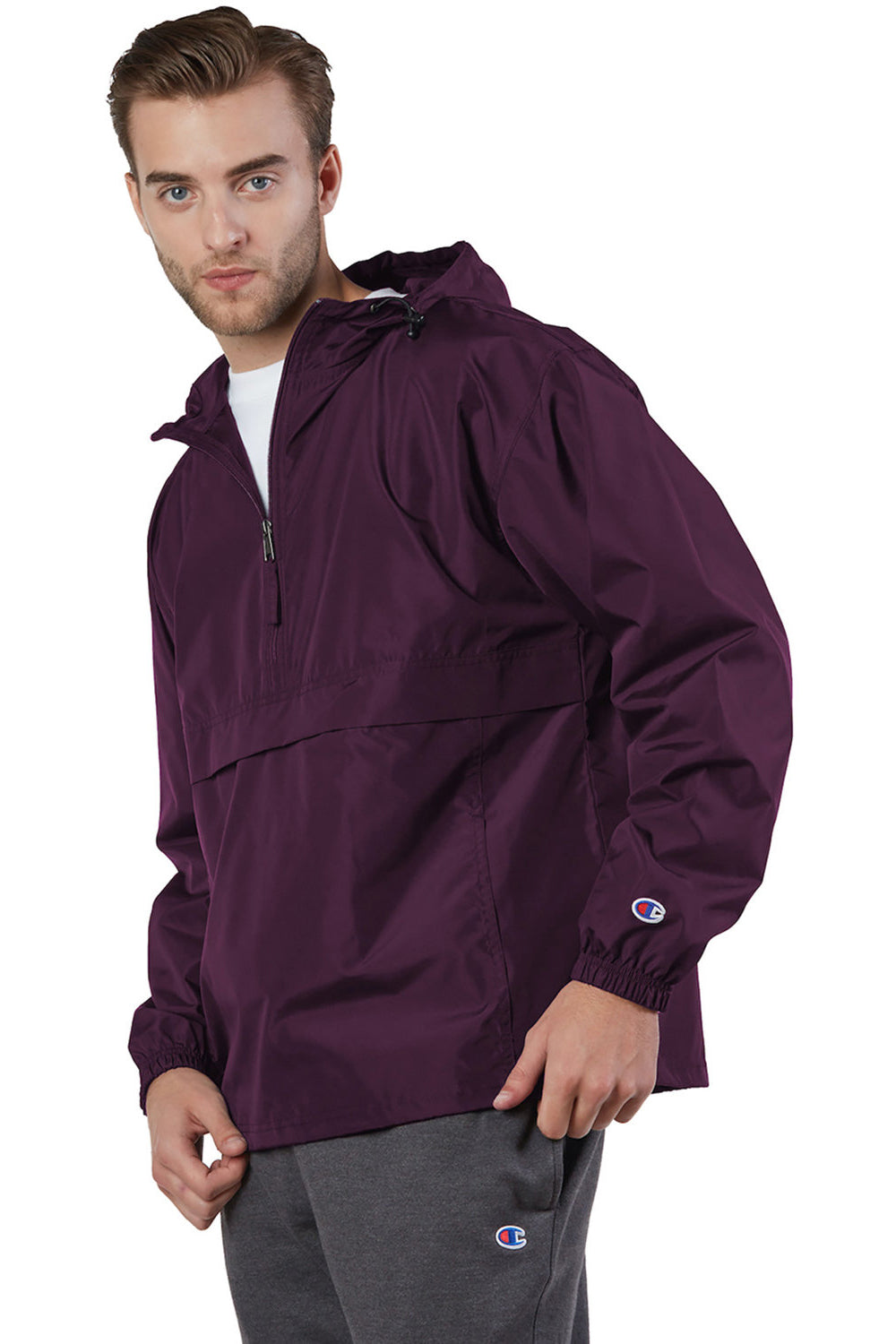 Champion CO200 Mens Packable Wind & Water Resistant Anorak 1/4 Zip Hooded Jacket Maroon Model 3q