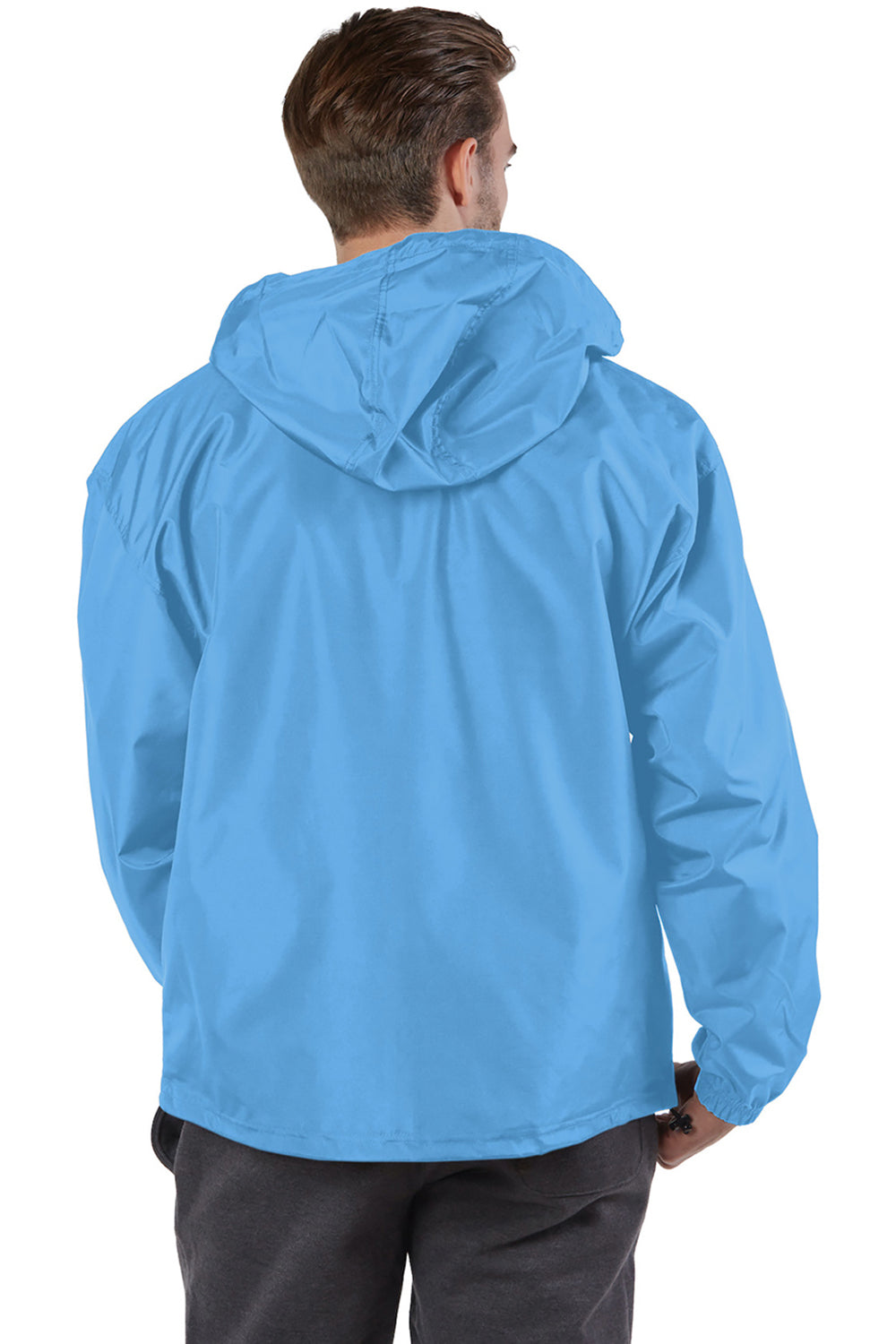Champion CO200 Mens Packable Wind & Water Resistant Anorak 1/4 Zip Hooded Jacket Light Blue Model Back