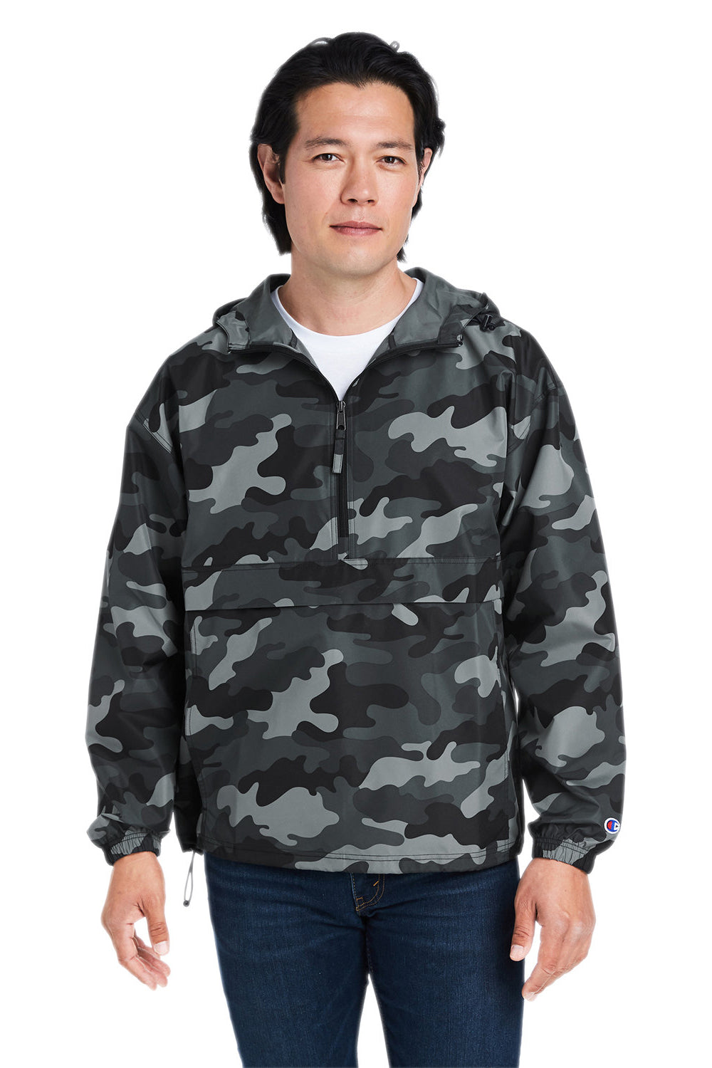 Champion CO200 Mens Packable Wind & Water Resistant Anorak 1/4 Zip Hooded Jacket Concrete Grey Camo Model Front