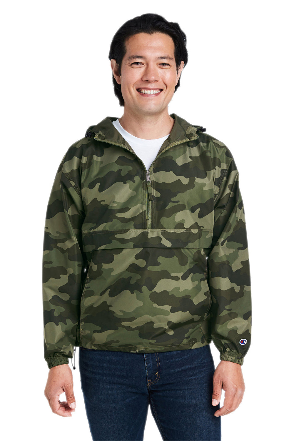 Champion CO200 Mens Packable Wind & Water Resistant Anorak 1/4 Zip Hooded Jacket Olive Green Camo Model Front