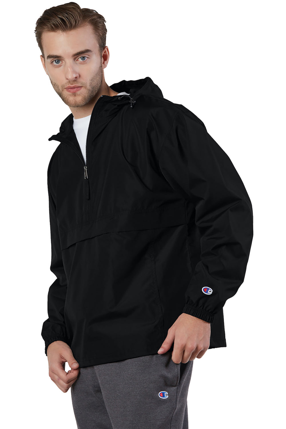 Champion CO200 Mens Packable Wind & Water Resistant Anorak 1/4 Zip Hooded Jacket Black Model 3q